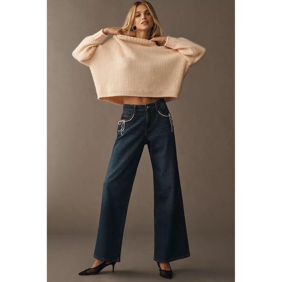 Pilcro Denim - Pilcro Anthropologie Pearl Bow Embellished Wide Leg Low Rise Jeans Dark Wash 29